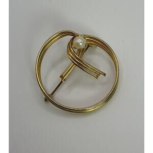 Vintage Gold Tone Round Faux Pearl Circl Brooch Pin